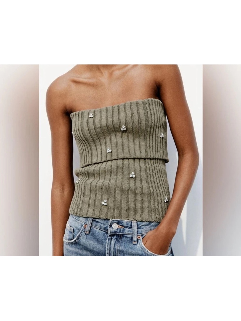 Zara Jewel Beaded Off-Shoulder Ribbed Knit Tube Top 4331/015/505 XS NWT